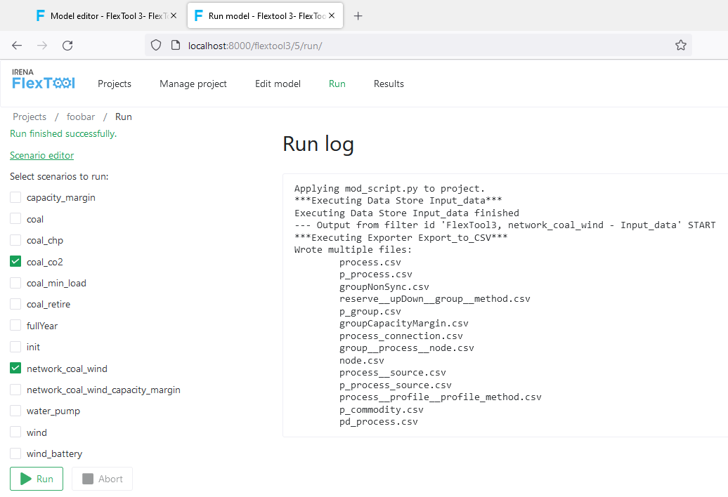 Webinterface run page